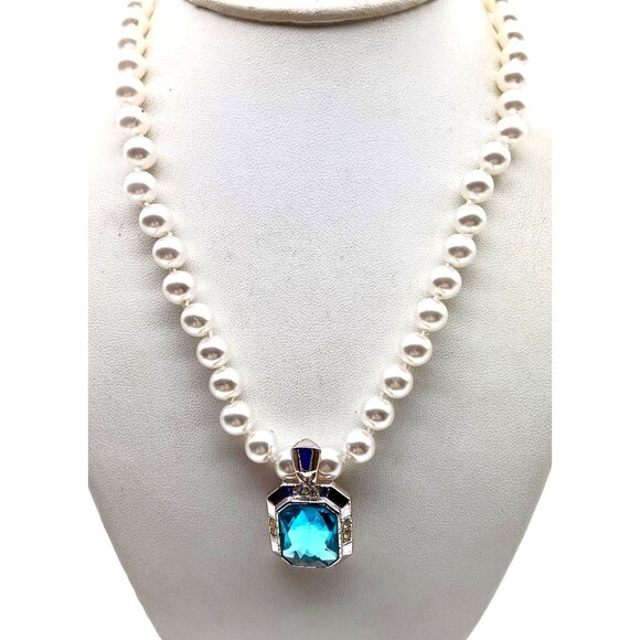 Brilliant Blue Avon Pendant Enhancer on Lustrous Knotted Glass Pearl Strand, Stu - Picture 2 of 4